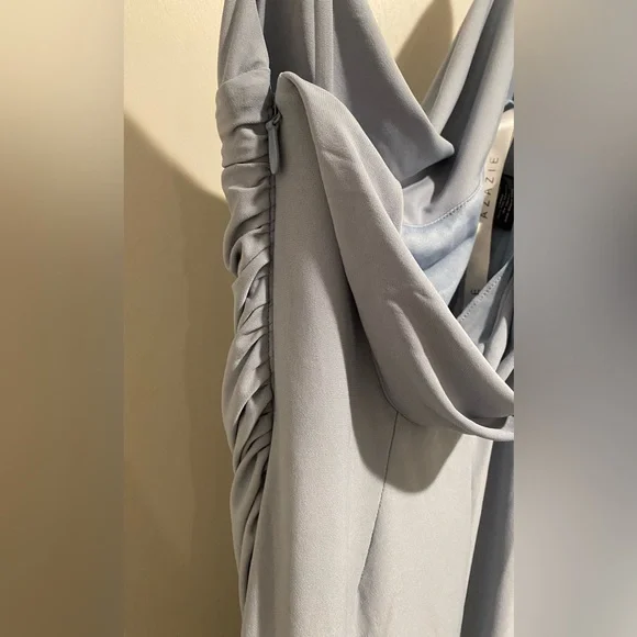 Azazie Sophisticated Gray Draped Midi Dress - Picture 11 of 16